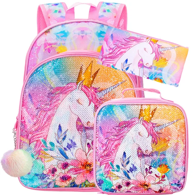 Girls Backpack Rainbow Glitter Kids School Bookbag 3 in 1 Set School Bag with Lunch Bag Pencil Case