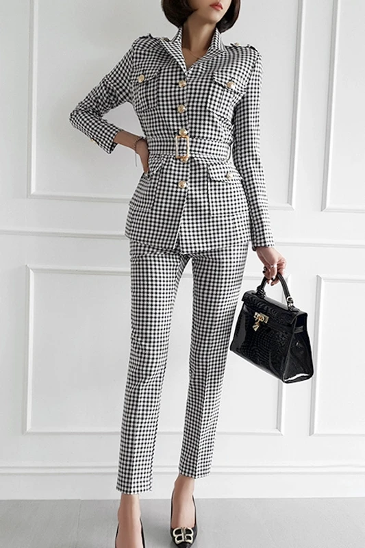 Рабочий клетчатый женский брючный костюм однобортный Тонкий Блейзер пиджак+ брюки-карандаш модный офисный Женский комплект из 2 предметов