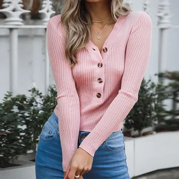 

V Neck Sweater Women Solid Color Button Autumn Winter Fashion Knitted Sweaters Button Pullover Tops Blouse Shirt Truien Dames