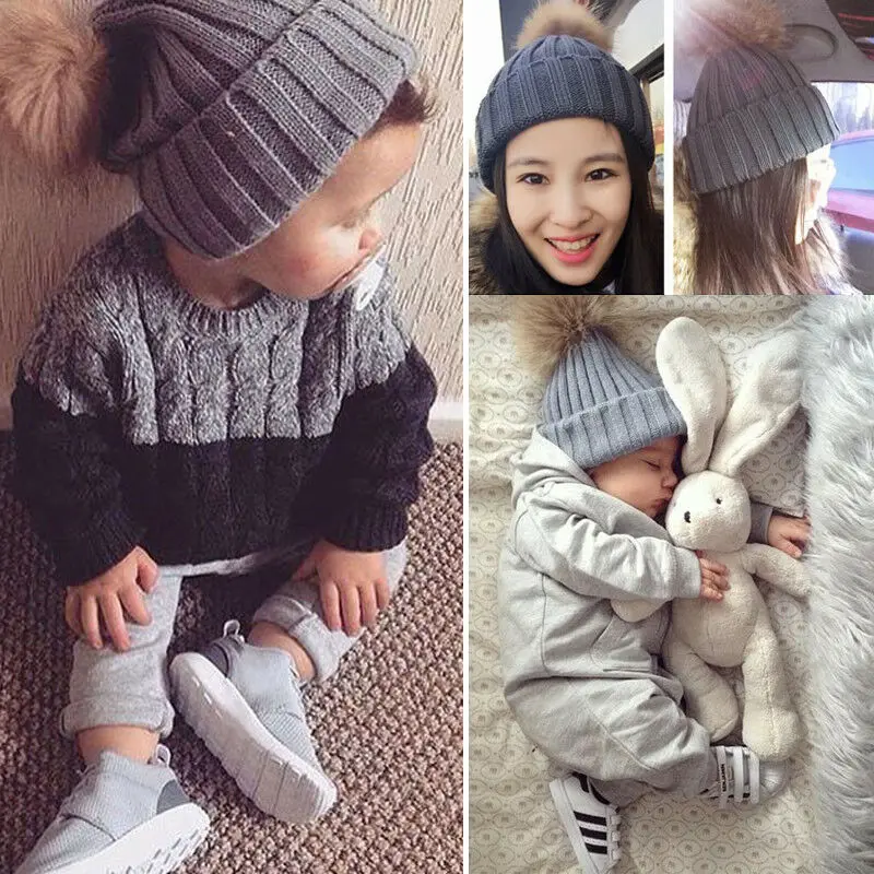Fashion Matching Hat Women Kids Baby Warm Winter Knit Beanie Fur Pom Bobble Hat Crochet Mother and me Ski Cap Set