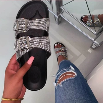 

Women Summer Outdoor Slippers Flat Heel Platform Peep Toe Crystal Buckle Slides 2020 Fashion Beach Ladies Shoes Zapatos De Mujer