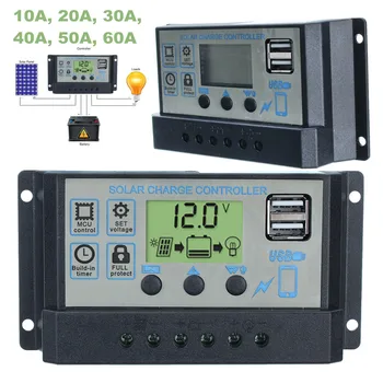 

60A/50A/40A/30A/20A/10A 12V 24V PWM Controllers LCD Dual USB Auto Solar Charge Panel Controller 5V Output Solar Panel Regulator