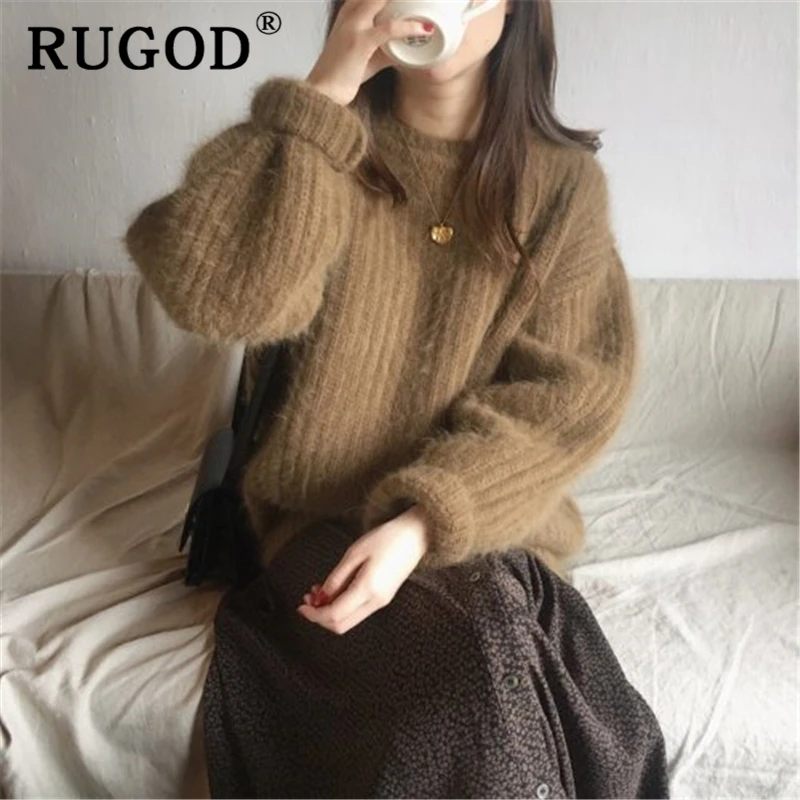 RUGOD, элегантный Однотонный женский свитер, корейский шик, Мягкий рукав-фонарик, Осень-зима, теплый пуловер, винтажная женская вязаная одежда