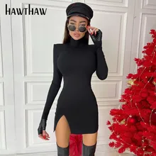 Hawthaw – Mini robe moulante à manches longues pour femme, Streetwear, couleur unie, noir, hanche, collection printemps-automne 2021