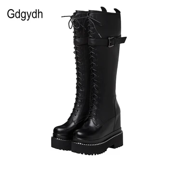 

Gdgydh Fashion Lace-up Knee High Platform Boots Goth Black Metal Decoration Women Boots With Zipper Wedges Heel Drop Shipping