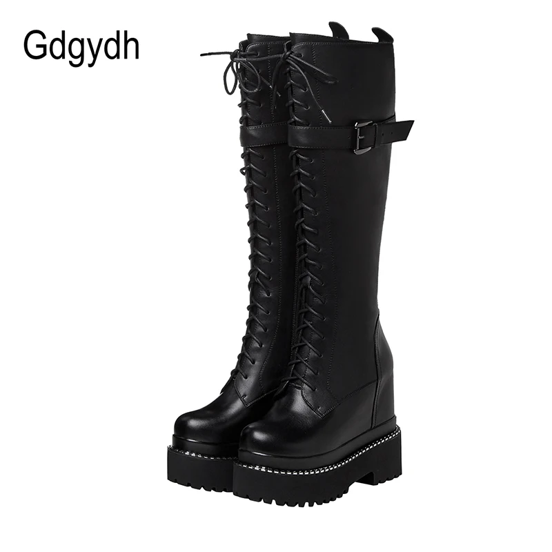 Женские сапоги до колена Gdgydh черные на платформе со шнуровкой с металлическими