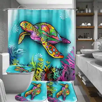 

4 IN 1 Colorful Turtle Shower Curtain Waterproof Bath Curtains Polyester Fabric Toilet Cover Mat Bathroom Non-Slip Mat Rug Kit