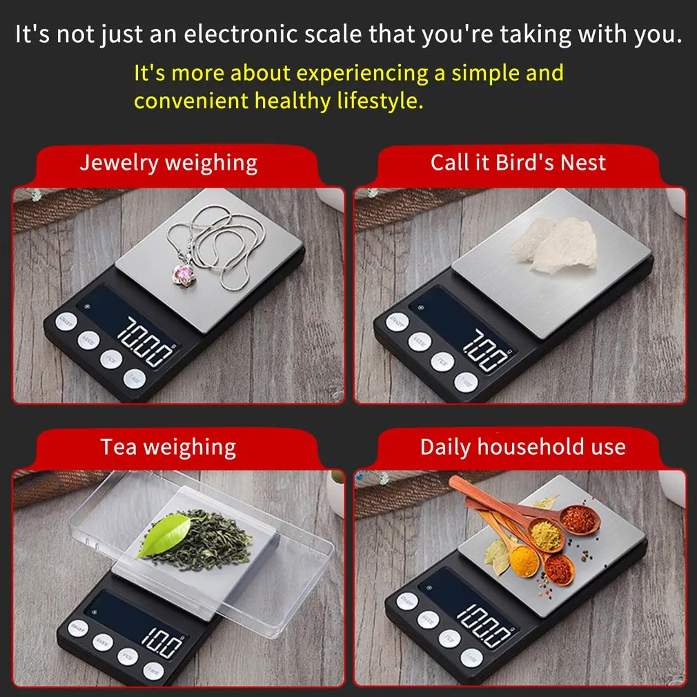 LED Jewelry Digital Scale Portable Electronic Scales With Tray 200/500g 0.01/0.1g Flat Scale Charging Mode