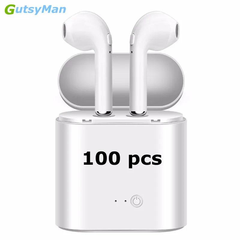 

GutsyMan Wholesale 100 pcs i7s TWS Mini Wireless Bluetooth Earphones Stereo Earbuds Headsets With Charging Box retail package