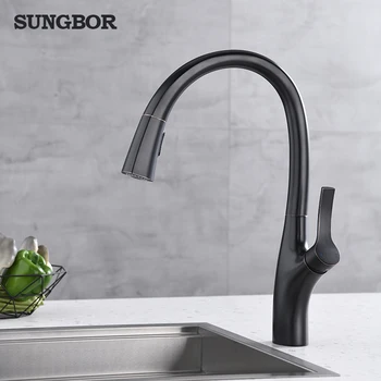 

Black pull out spout Kitchen Taps Brush Brass Taps for Kitchen Sink Single Lever Pull Tap Hot and Cold Water 360 Degree Swivel