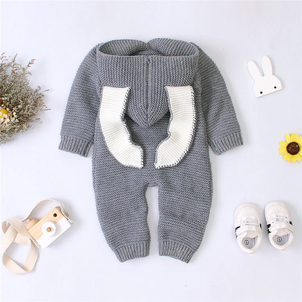 0-24M Autumn Winter Infant Kids Girls Boys Rompers Knit Solid Long Sleeve 3D Ears Hooded Jumpsuits Clothes