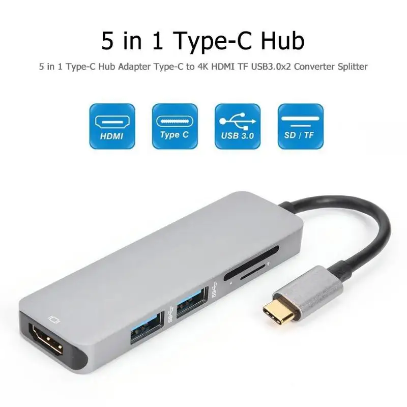 5 в 1 type-C концентратор адаптер USB C к Мульти USB 3,0 HDMI адаптер док-станция для MacBook обратная совместимость с USB2.0 серебристо-серый