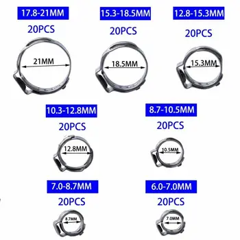 

Tool Hose Clamp 140Pcs 304 Stainless Steel Single Ear Stepless 7 Sizes Corrosion resistance Equipment