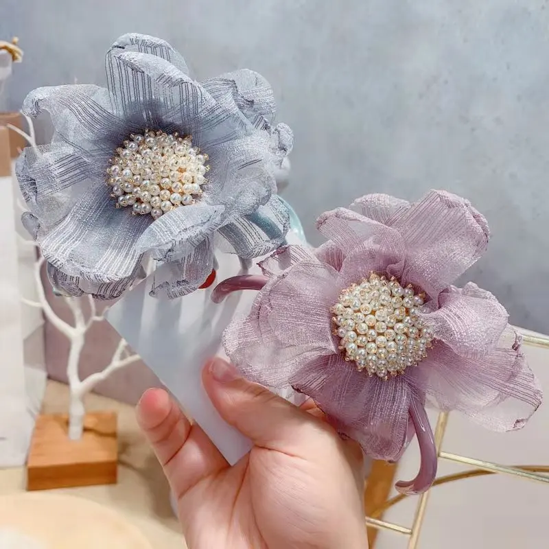 

2019 New Korean Simple Temperament Imitation Pearl Yarn Large Flower Catch Clip Fashion Aesthetic Ladies Hair Claws Headwear