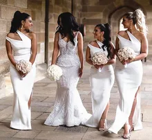 White One Shoulder Mermaid Bridesmaid Dresses Side Split Floor Length Garden Country Wedding Guest Evening Party Gowns Custom