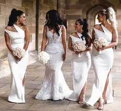White One Shoulder Mermaid Bridesmaid Dresses Side Split Floor Length Garden Country Wedding Guest Evening Party Gowns Custom