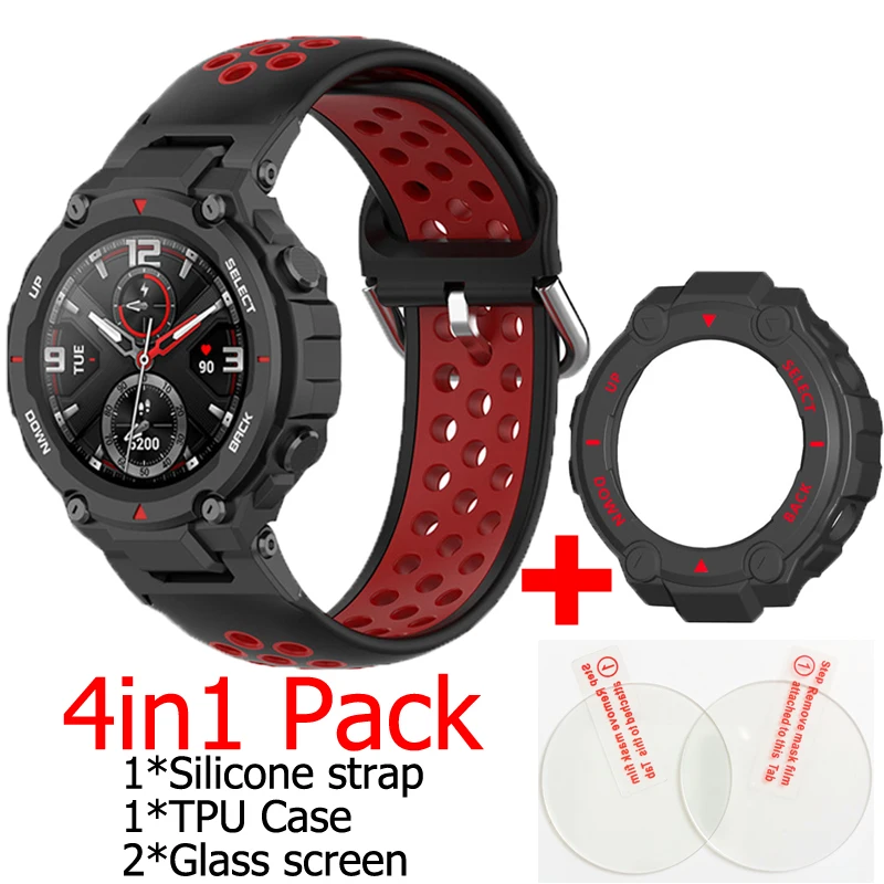 

4in1 Silicone Band Bracelet Wristband For Huami Amazfit T-Rex Strap For Xiaomi Amazfit T REX case cover glass screen film