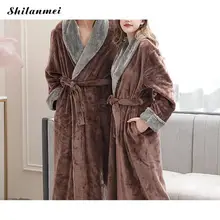 Couple Flannel Robe 2019 Autumn Winter Warm Solid Robe Lapel Collar Belted Male Bathrobe Fashion Grey Thicken Long Bath Robe