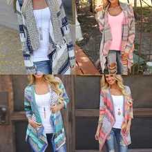 Свободный свитер с длинным рукавом на лето и осень, женский кардиган Menina, длинный вязаный кардиган в полоску в стиле бохо, женская верхняя одежда