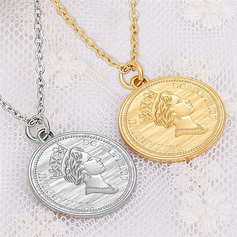 Creative Gold Silver Color Queen Elizabeth II Avatar Coin Pendant Necklaces Choker For Women Fashion Round Charm Necklaces