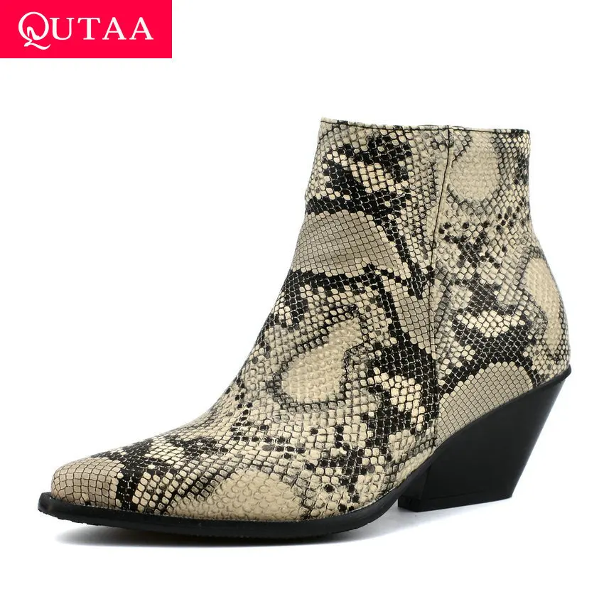 

QUTAA 2020 Square Heel Pointed Toe Warm Fur Zipper Women Shoes Fashion Snakeskin PU Leather Autumn Winter Ankle Boots Size 34-43
