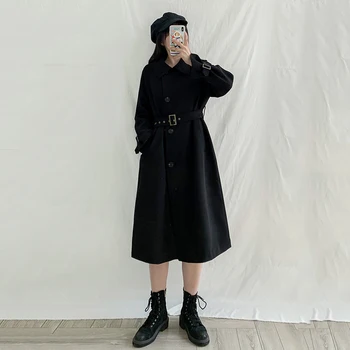 

Fashion Black Windbreaker Female 2020 Autumn Winter Coat British wind Korean Long Trench Coats girls Dress V1179