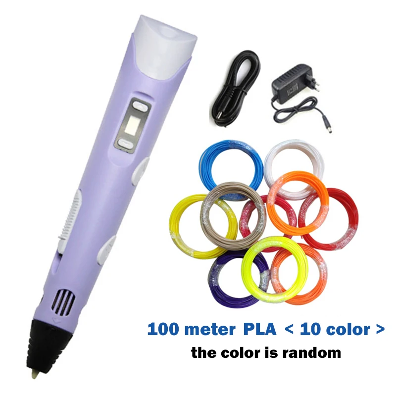Purple 100m PLA 3D Ручка DIY 3D печать Ручка с 150 м PLA ABS Нити творческая игрушка подарок для детей дизайн рисунок - Цвет: Purple 100m PLA