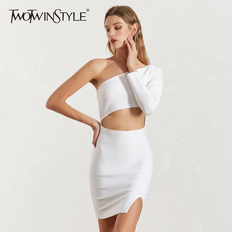 

TWOTWINSTYLE Sexy Hollow Out Dress Women One Shoulder High Waist Side Split Mini Solid Summer Dresses Female 2019 Fashion New