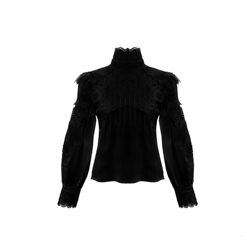 black TWOTWINSTYLE Повседневная Лоскутная кружевная открытая женская рубашка со стоячим воротником пышная с длинным рукавом с рюшами Тонкая блузка женская одежда Новинка - Цвет: black