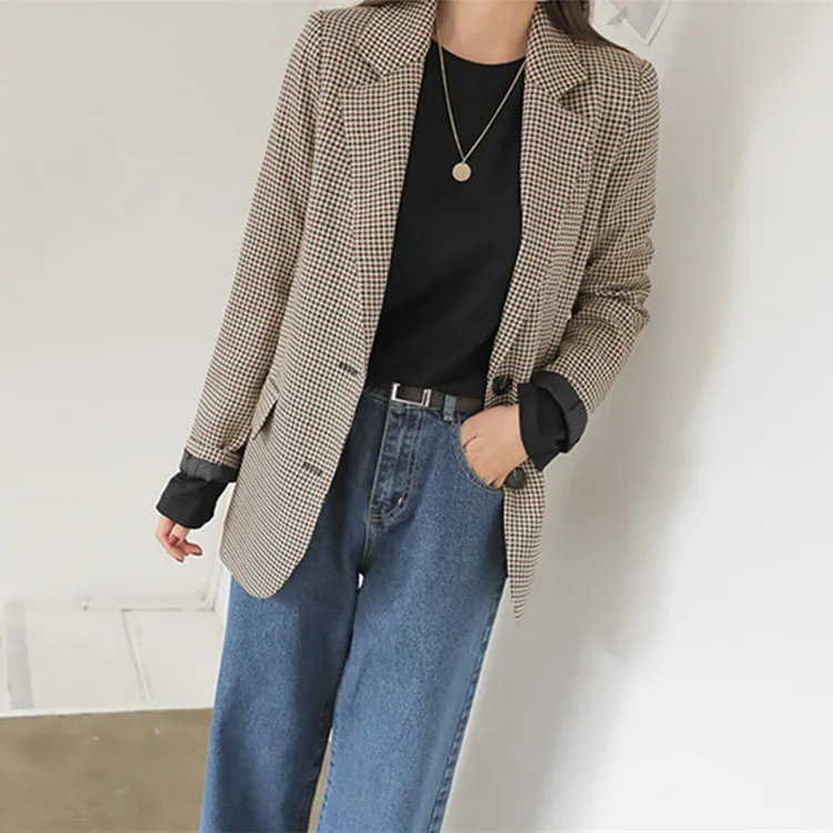 

2019 Autumn And Winter New Style Color Thousands of Birds Commuting Two-Button Casual Plaid Suit Retro Small Suit Coat Women's