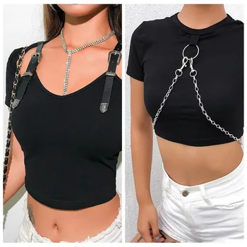 

2020 Spring WOMEN'S Dress Irregular Leather Buckle Short Chain Slim Fit T-shirt