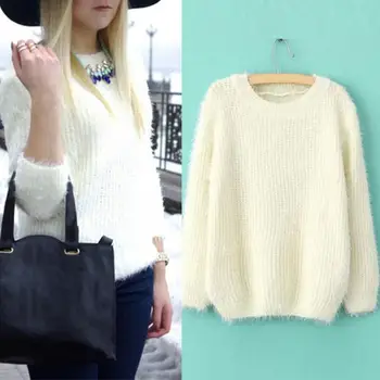 

Sweater women Winter Solid Color Fluffy Long Sleeve Sweater Loose Women Knitted Pullover Top