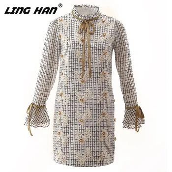 

LINGHAN Elegant Tweed Plaid Dress Fashion Stand Beading temperament Slim Flare Sleeve Dresses Designer Autumn Winter New
