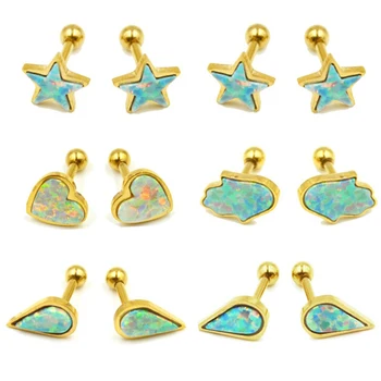 

2pcs Surgical Steel Gold Color Opal Gem Ear Cartilage Helix Studs Rings Lobe Conch Piercing Hand Water Drop Star Heart Jewelry