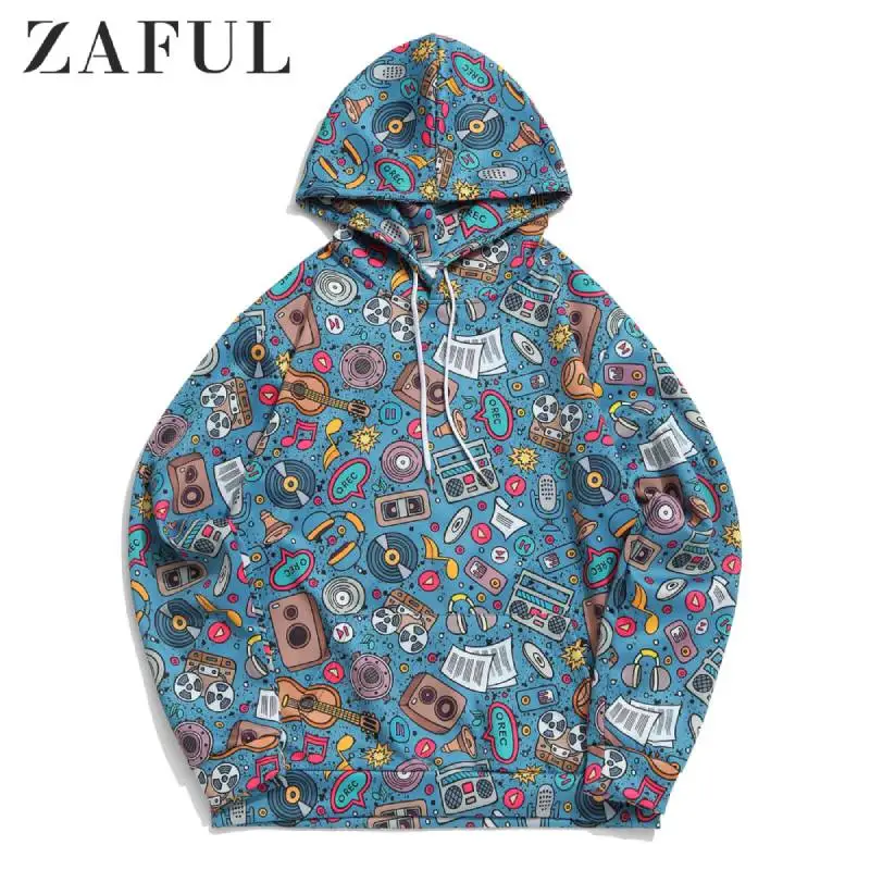 ZAFUL Men Music Elements Graphic Print Casual Hoodie Long Sleeve Kangaroo Pocket Casual Hip Hop Funny Streetwear Sweatshirt