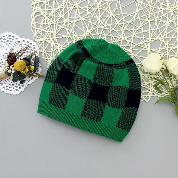 Xmas Hat Beret Cap Red Plaid Winter Warm Baby Kids Boys Girls Toddler Knitted Crochet Beanie