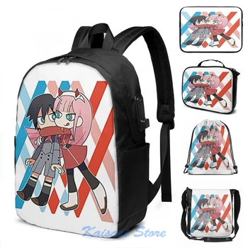 

Darling in the Franxx Cute Zero Two and Hiro Chibi Anime Style USB Charge Backpack Cosmetic bag Travel laptop bag