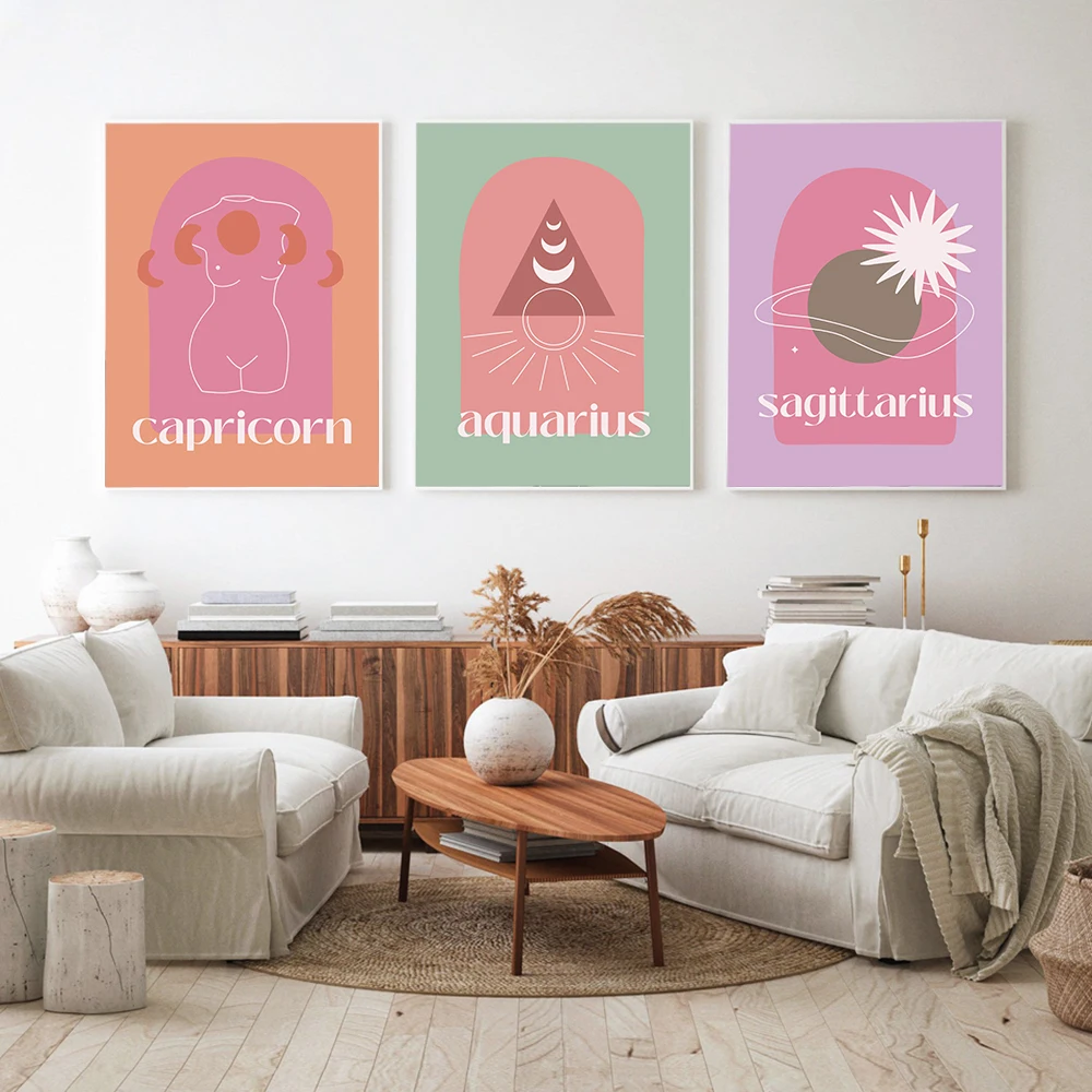 Astrologia Stampa Tela Sole Luna Rising Decor Poster Stile Retrò Segno Zodiacale Pittura Nordic Boho Wall Art Picture Bed Room Decor