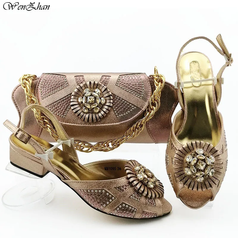 Champagne Soft Lower Shoes And Bag Set To Match High Quality Italian Stone Shoes With Matching Bags For Party! WENZHAN B99-10 Champagne Soft Lower Shoes And Bag Set To Match High Quality Italian Stone Shoes With Matching Bags For Party! WENZHAN B99-10
