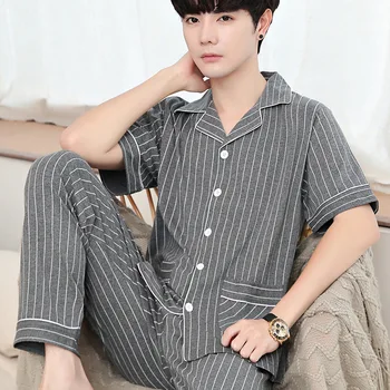 

Summer New Products Men Pure Cotton Pajamas Tracksuit Simple Stripes Printed Large Size Fold-down Collar Piece 100% Pure Cotton