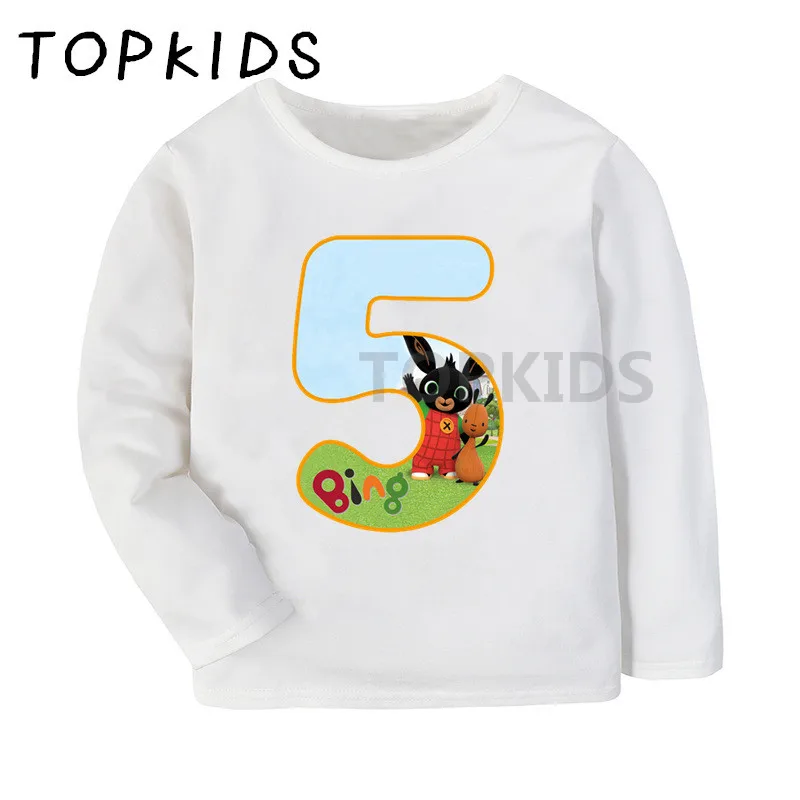 Футболка с рисунком кролика и кролика Bing на день рождения для мальчиков и девочек 1-9, Детская футболка с длинными рукавами, забавная одежда для малышей, LKP5331