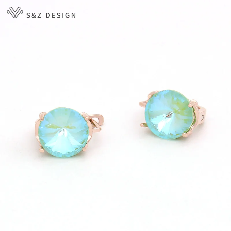 S&Z DESIGN New Fashion Big Round Crystal Dangle Earrings For Women Girl Wedding Party Jewelry 585 Rose Gold Color Birthday Gifts