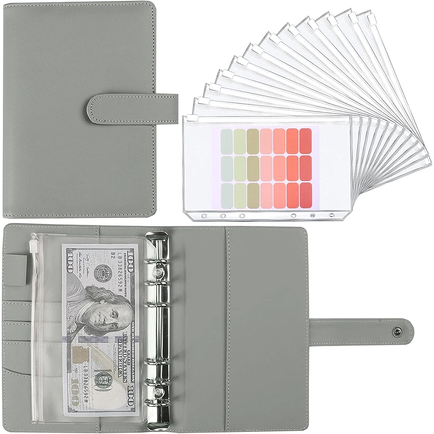 A6 PU Leather Notebook Binder Budget Cash Envelopes Planner Organizer Binder Pockets Categories Sticker Label for Saving Money
