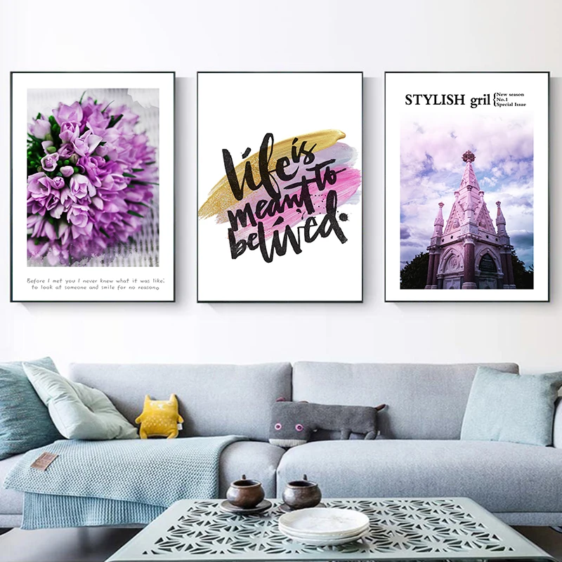 Nordic Canvas Art Violet Flower Castle Purple Posters And Prints Wall Painting Pictures For Living Room Decor | Дом и сад
