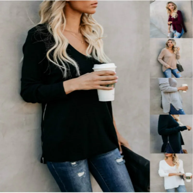 

2019 Winter Fall V Neck Side Zipper Oversized Women Pullover Sweaters Lady Thin Black Plus Size Pulover Knitwear Cute Woman Top
