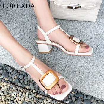

FOREADA Women Sandals High Heels Natural Genuine Leather Thick Mid High Heel Shoes Buckle T-Strap Square Toe Sandals Lady Beige
