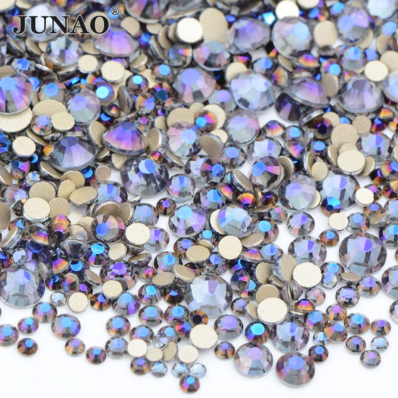 JUNAO 1440Pc Mix Size Purple Ghost Glass Rhinestone Glitter Crystal Stone Non Hotfix Round Strass For Nail Art 3D DIY Decoration