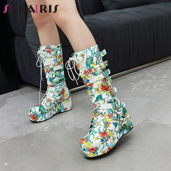 

SARAIRIS New Arrivals Plus Size 33-46 Wedge High Heels Buckles Shoes Woman Boots Female Platform Mid Calf Boots Women Shoes