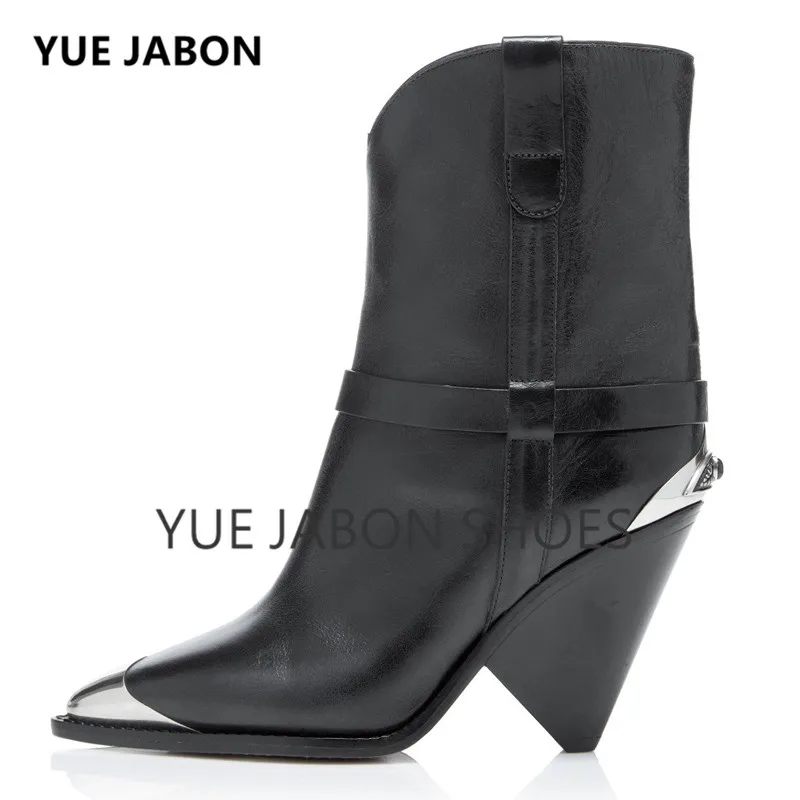 

Черные женские ботинки-мартинсы из натуральной кожи с металлическим острым носком, короткие женские ботинки на высоком каблуке botas mujer