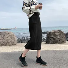 Вязание юбка зимняя осень-зима с высокой талией юбки женские осень зима длинный абзац дикий юбка теплая стройная черная сплит юбка женская